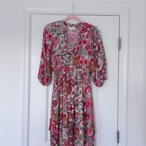Floral Pink and Orange Midi Vintage-Inspired Dress